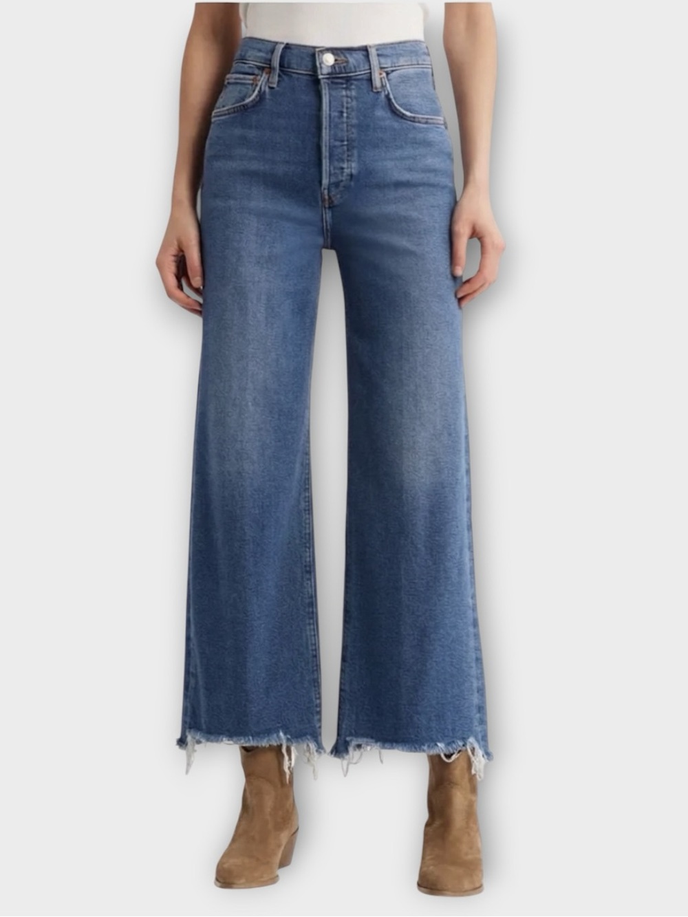 Re/Done High-Rise Cropped Wide-Leg Jean in Dark Wash Blue with Raw Hem Size 25